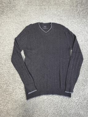 Bugatchi Sweater Mens L Gray 100% Merino Wool V Neck Ribbed Knit Pullover